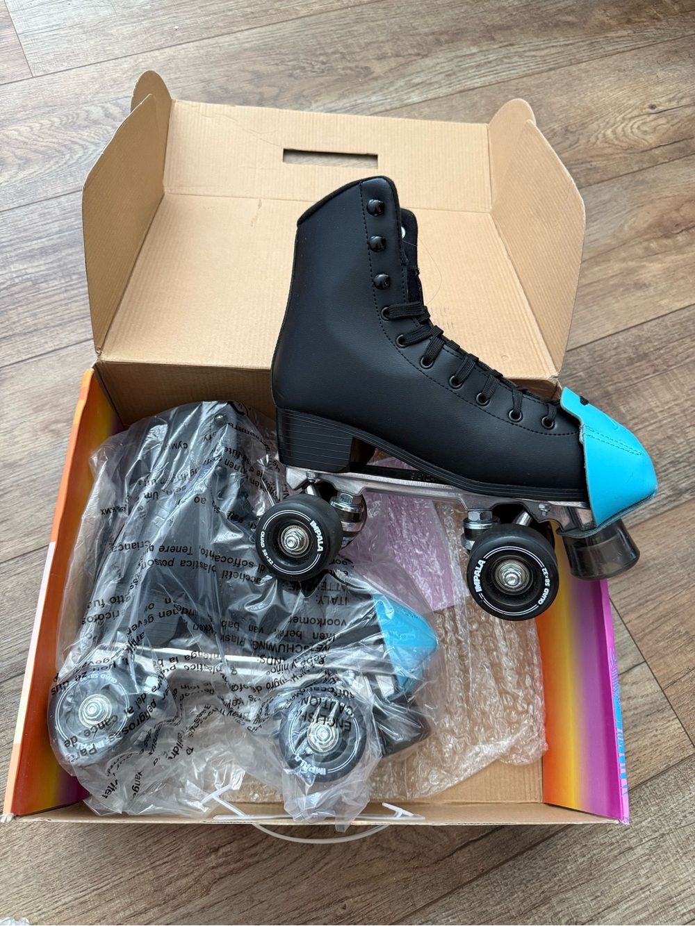 Impala Matte Black Quad Roller Skates with Toe Covers and Extra Wheels sz 8